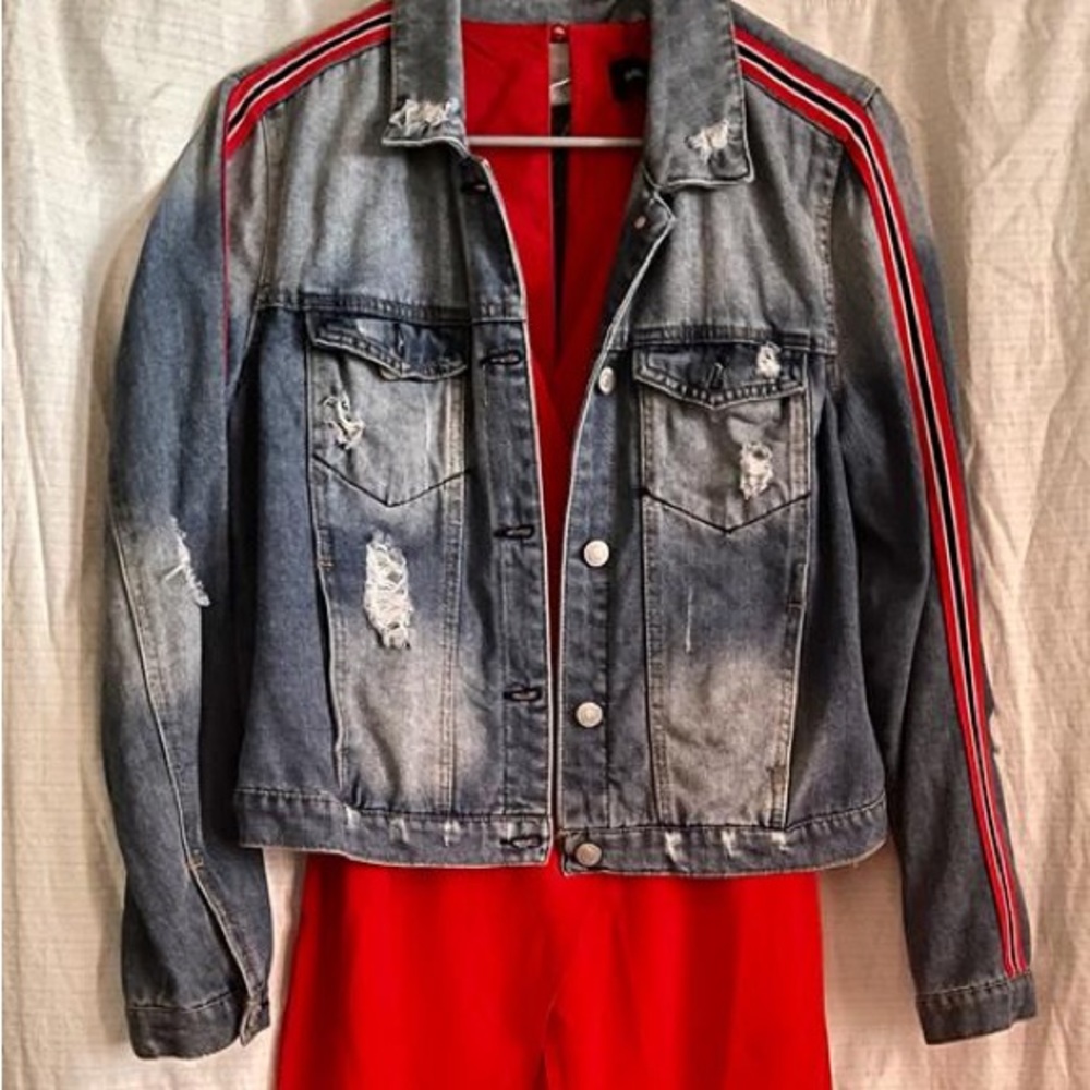 Sky and Sparrow red striped denim jacket